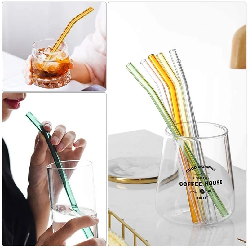 Custom Logo Glass Drinking Straws Reusable Straight Curved Glass Straws with Cleaning Brush Eco-Friendly Straws for Cocktail Milk