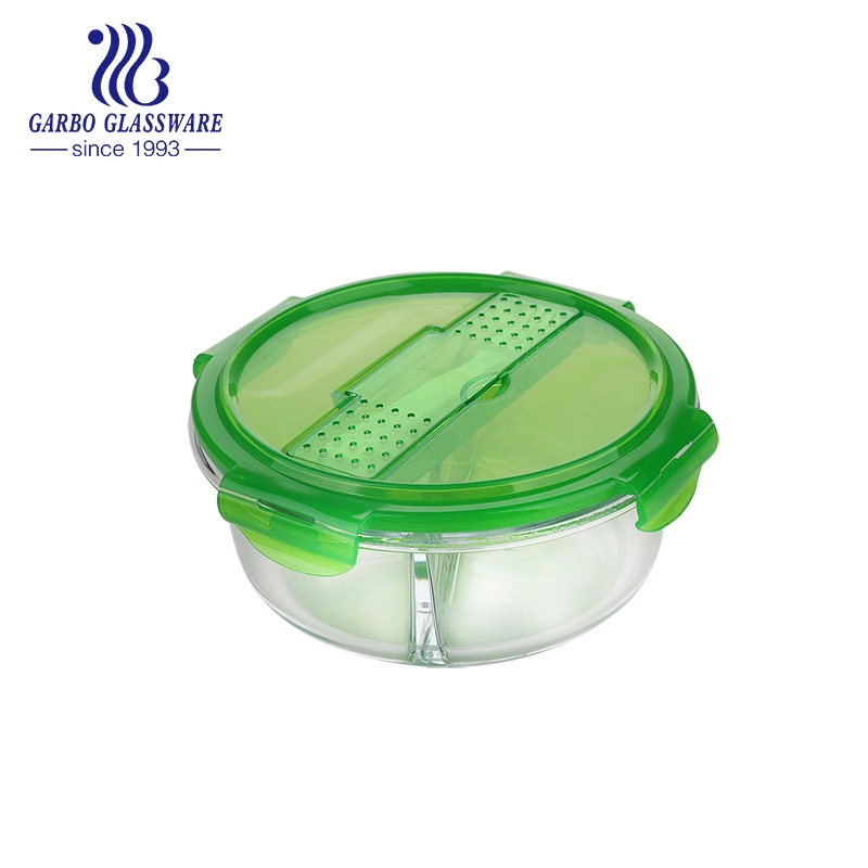 Wholesale Microwave Borosilicate Glass Round Food Storage Container with Colored Lid and Plastic Spoon