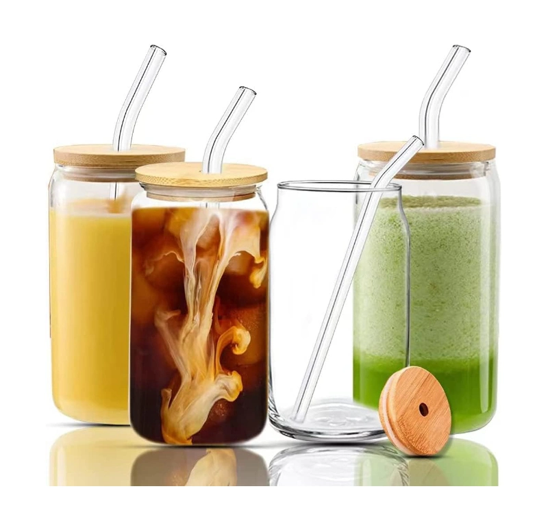 New Style 16 Oz Beer Can Glass with Bamboo Cover and Glass Straw Used for Ice Coffee Cup Smoothies Boba Tea Whisky Water