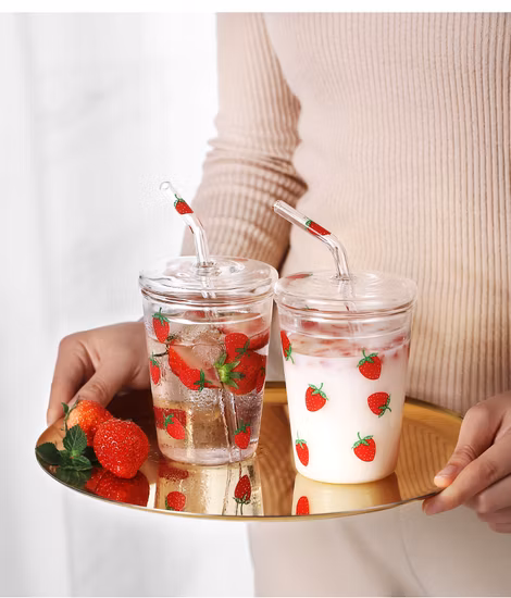 Tazza da tè e caffè con bocca larga in vetro all'ingrosso di alta qualità con coperchio e cannuccia